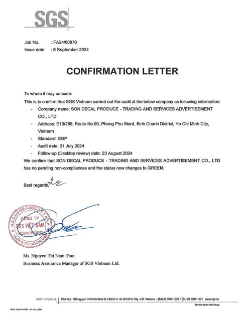 GREEN CERTIFICATION LETTER - SGS 2024